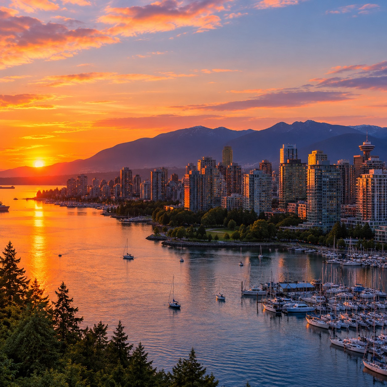 Sunset over the Vancouver harbour and North Shore mountains in British Columbia